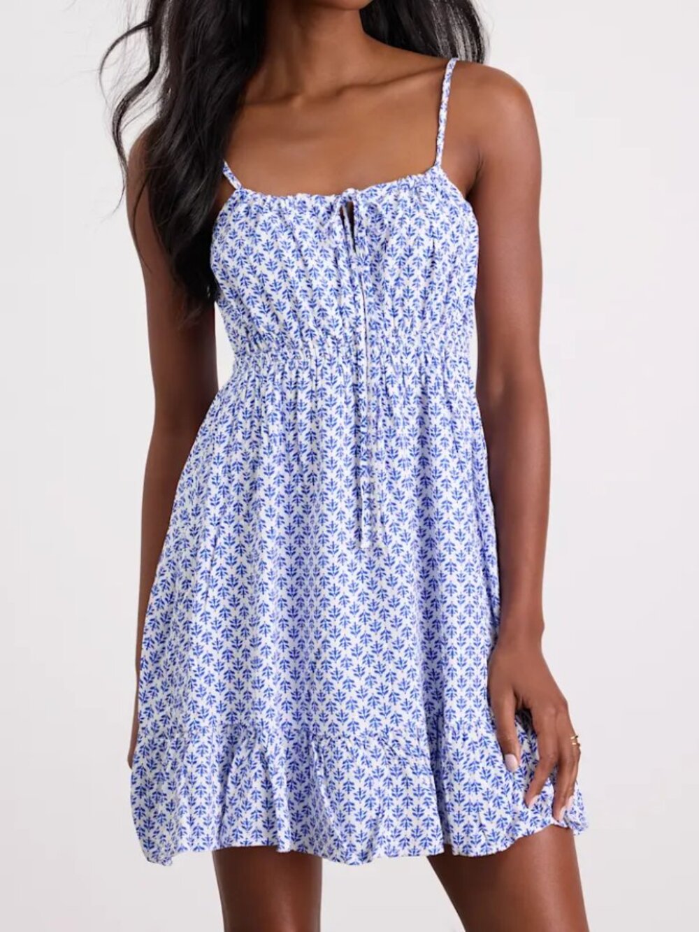 Lulus Grecian Getaway Blue and White Print Mini Ruffle Hem Dress Size L